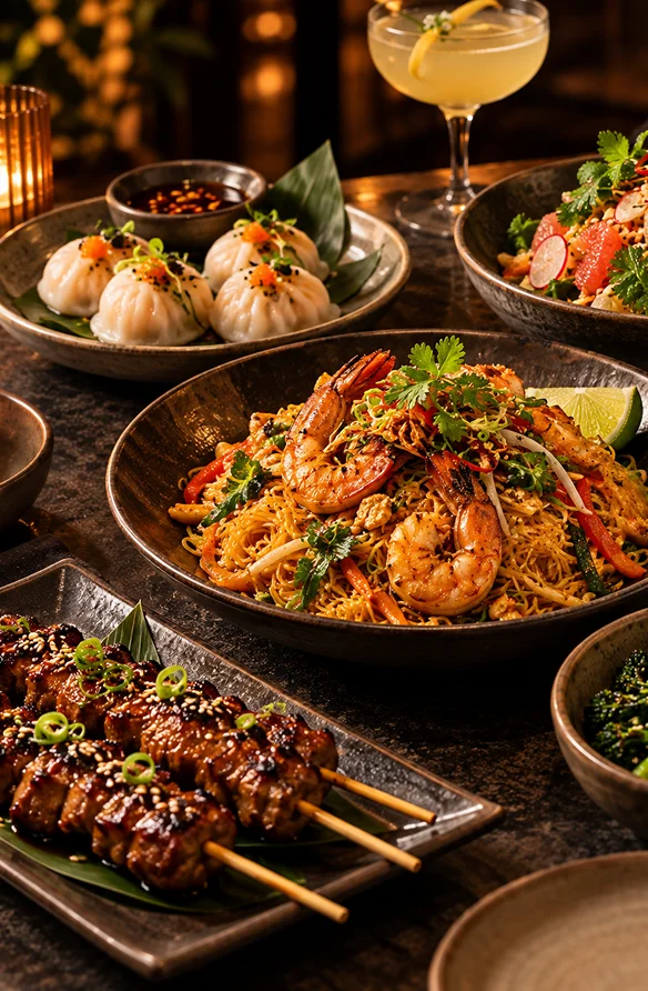 Prawn noodles served with dumplings, beef skewers, greens and a cocktail